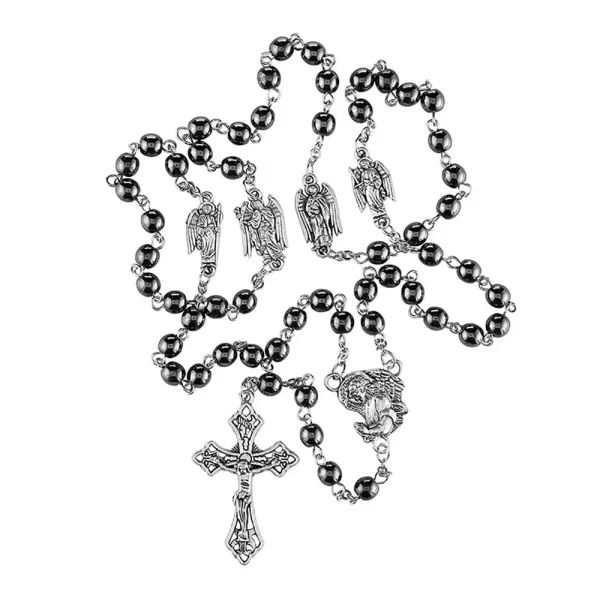 St. Michael the Archangel Center Silver Plate Rosary 8mm Hematite Beads StMichaelHematiteRosary1
